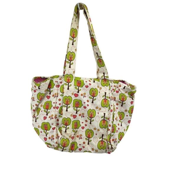 Sugarbooger Owl Tree Print Tote Shoulder Bag Lined Pockets Canvas Green - Picture 2 of 16
